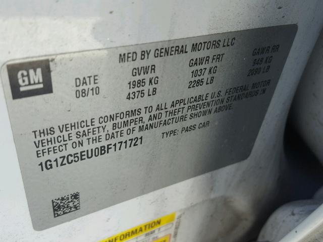 1G1ZC5EU0BF171721 - 2011 CHEVROLET MALIBU 1LT 白色 照片 10