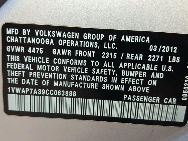 1VWAP7A39CC063888 - 2012 VOLKSWAGEN PASSAT S SILVER photo 10