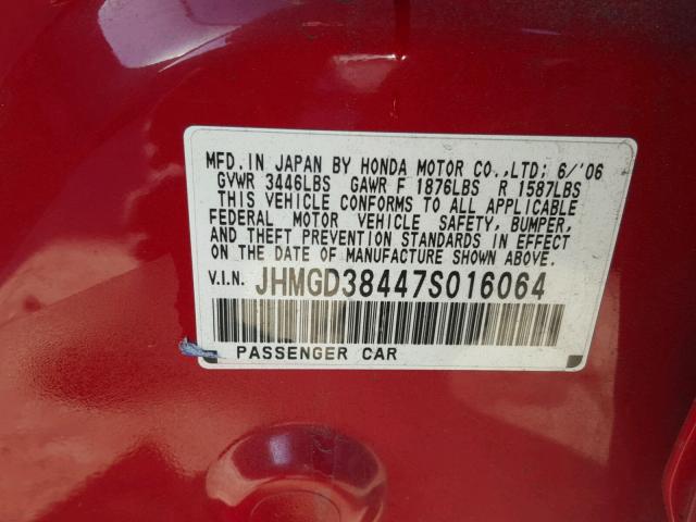 JHMGD38447S016064 - 2007 HONDA FIT RED photo 10