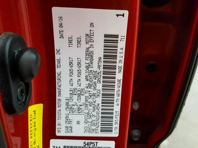 5TFAZ5CN2GX014594 - 2016 TOYOTA TACOMA DOU RED photo 10