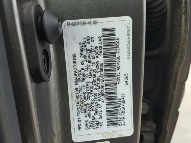 4T1BE32K72U603920 - 2002 TOYOTA CAMRY LE GRAY photo 10