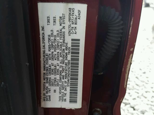 5TEHN72N24Z427885 - 2004 TOYOTA TACOMA DOU RED photo 10