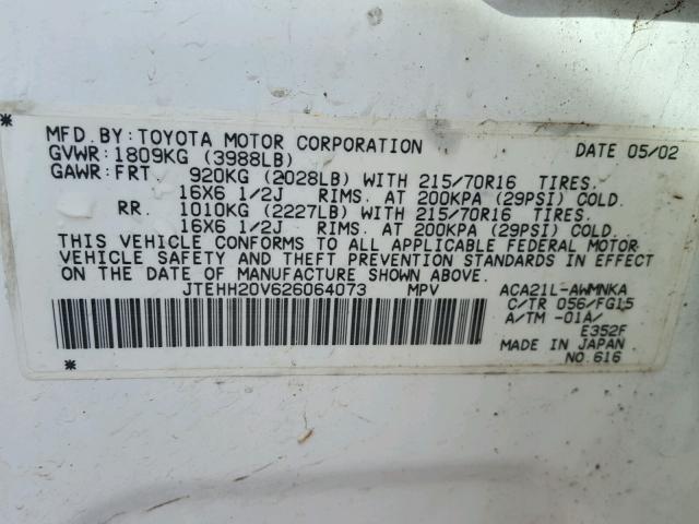 JTEHH20V626064073 - 2002 TOYOTA RAV4 WHITE photo 10