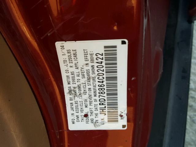 JHLRD78864C020422 - 2004 HONDA CR-V EX RED photo 10