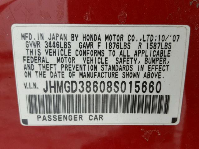 JHMGD38608S015660 - 2008 HONDA FIT SPORT RED photo 10