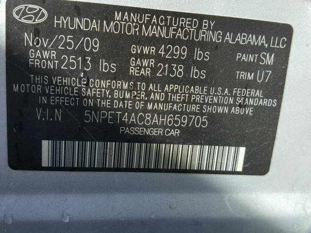 5NPET4AC8AH659705 - 2010 HYUNDAI SONATA GLS SILVER photo 10