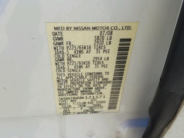 5N1BV28U08N121571 - 2008 NISSAN QUEST S WHITE photo 10