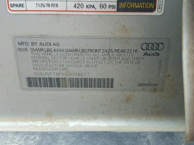 WAUNF78PX6A058017 - 2006 AUDI A3 2.0 PRE SILVER photo 10