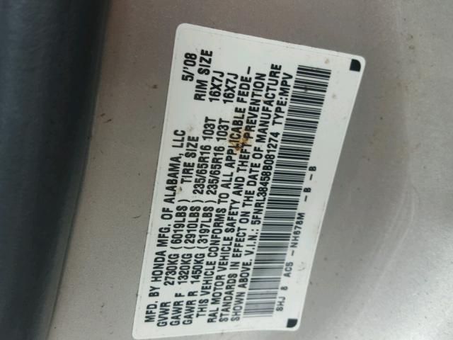 5FNRL38458B081274 - 2008 HONDA ODYSSEY EX SILVER photo 10