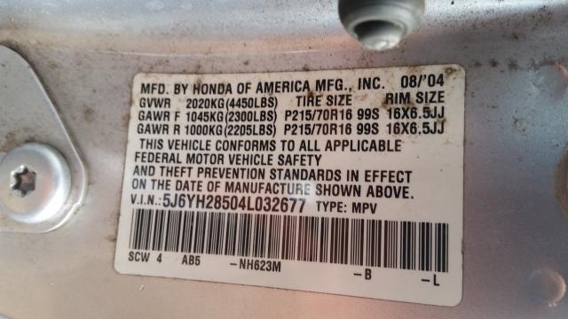 5J6YH28504L032677 - 2004 HONDA ELEMENT EX SILVER photo 10