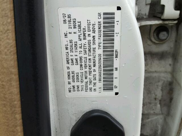 19UUA66228A009400 - 2008 ACURA TL WHITE photo 10