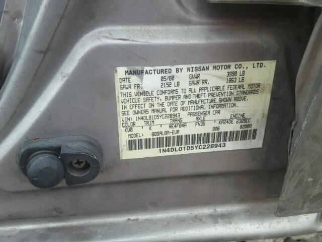 1N4DL01D5YC228943 - 2000 NISSAN ALTIMA XE CHARCOAL photo 10