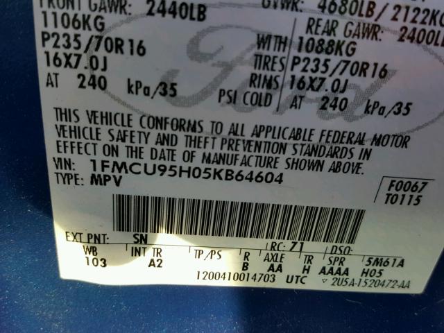 1FMCU95H05KB64604 - 2005 FORD ESCAPE HEV BLUE photo 10