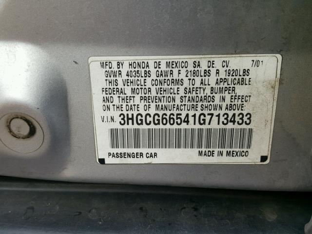 3HGCG66541G713433 - 2001 HONDA ACCORD LX SILVER photo 10