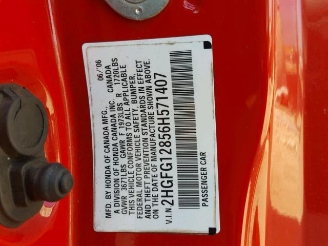 2HGFG12856H571407 - 2006 HONDA CIVIC EX RED photo 10