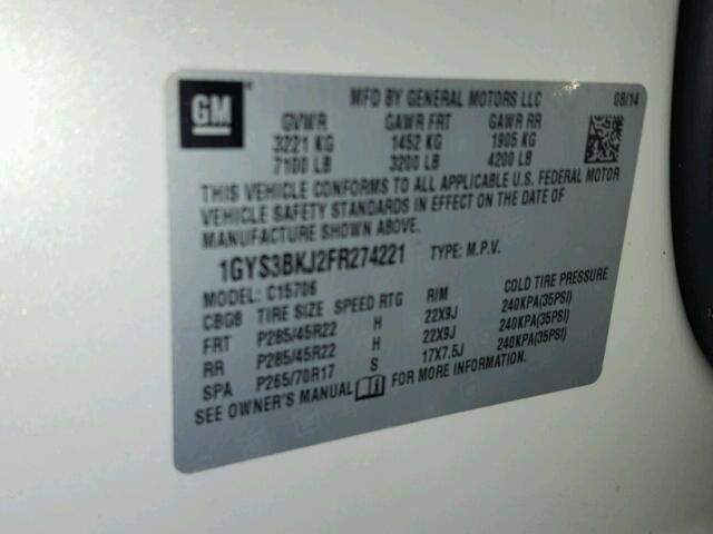 1GYS3BKJ2FR274221 - 2015 CADILLAC ESCALADE L 白色 照片 10