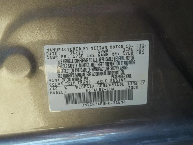 3N1CN7AP3HK431698 - 2017 NISSAN VERSA S GRAY photo 10