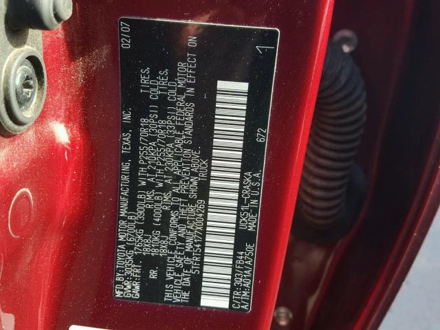 5TFRT54177X004269 - 2007 TOYOTA TUNDRA DOU RED photo 10