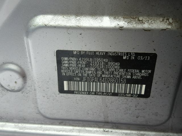 JF1GPAL64D2860158 - 2013 SUBARU IMPREZA SP SILVER photo 10