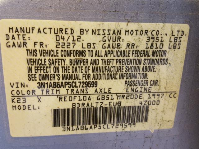 3N1AB6AP5CL729599 - 2012 NISSAN SENTRA 2.0 SILVER photo 10