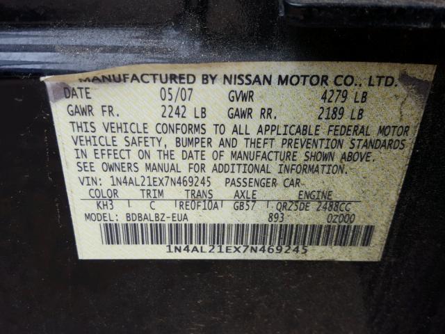 1N4AL21EX7N469245 - 2007 NISSAN ALTIMA 2.5 BLACK photo 10