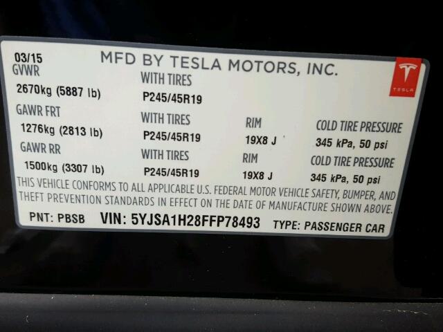 5YJSA1H28FFP78493 - 2015 TESLA MODEL S 85 BLACK photo 10