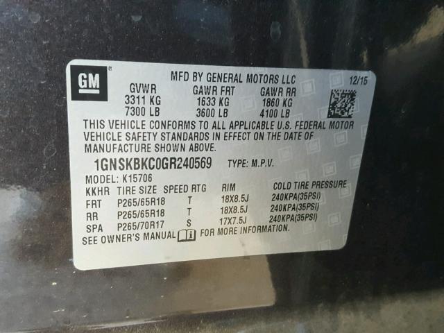 1GNSKBKC0GR240569 - 2016 CHEVROLET TAHOE K150 BLACK photo 10