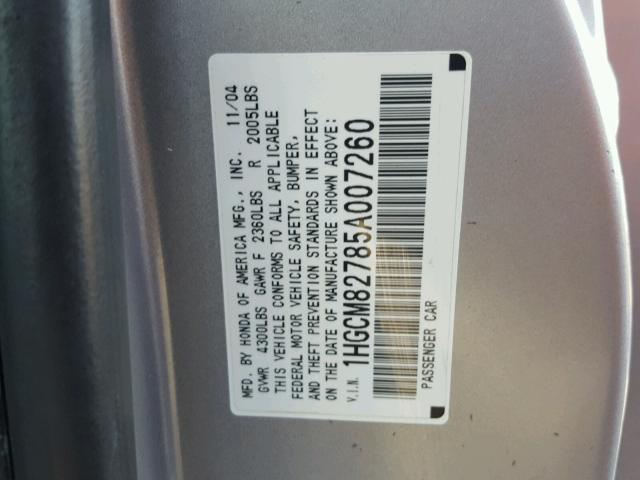 1HGCM82785A007260 - 2005 HONDA ACCORD EX SILVER photo 10