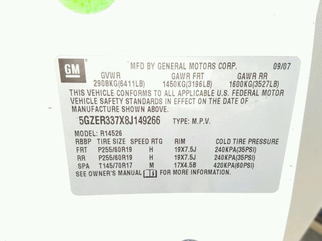 5GZER337X8J149266 - 2008 SATURN OUTLOOK XR თეთრი ფოტო 10