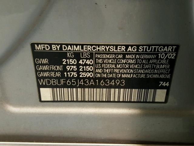 WDBUF65J43A163493 - 2003 MERCEDES-BENZ E 320 SILVER photo 10