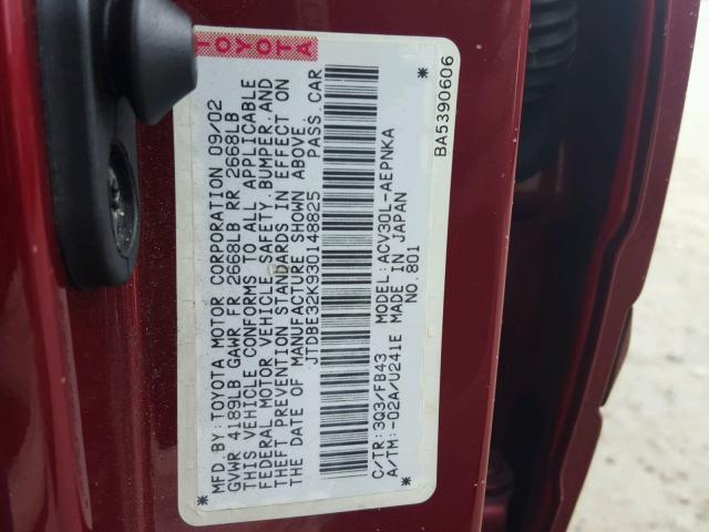 JTDBE32K930148825 - 2003 TOYOTA CAMRY LE RED photo 10