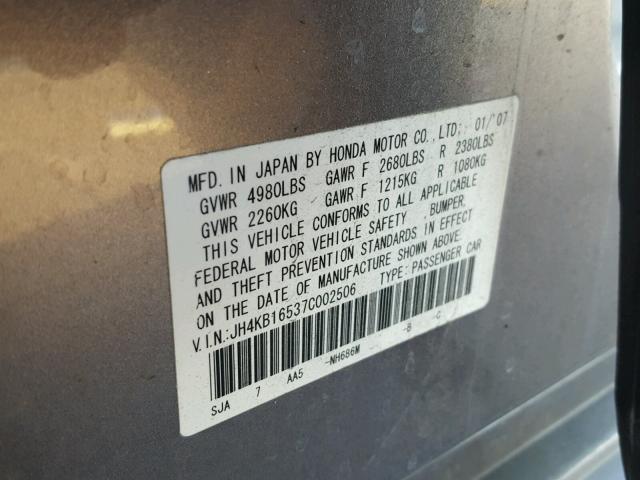 JH4KB16537C002506 - 2007 ACURA RL GRAY photo 10