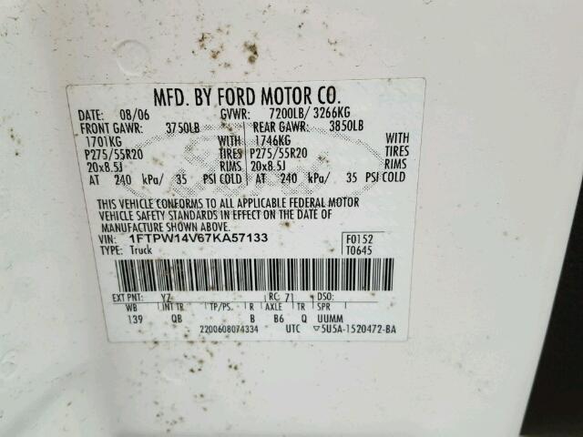 1FTPW14V67KA57133 - 2007 FORD F150 SUPER WHITE photo 10