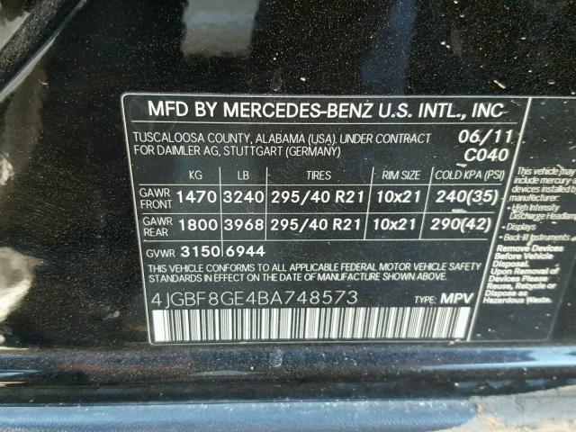 4JGBF8GE4BA748573 - 2011 MERCEDES-BENZ GL 550 4MA BLACK photo 10