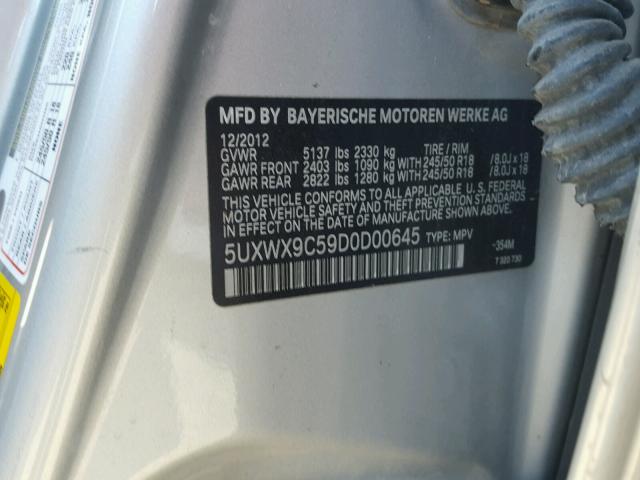 5UXWX9C59D0D00645 - 2013 BMW X3 XDRIVE2 SILVER photo 10