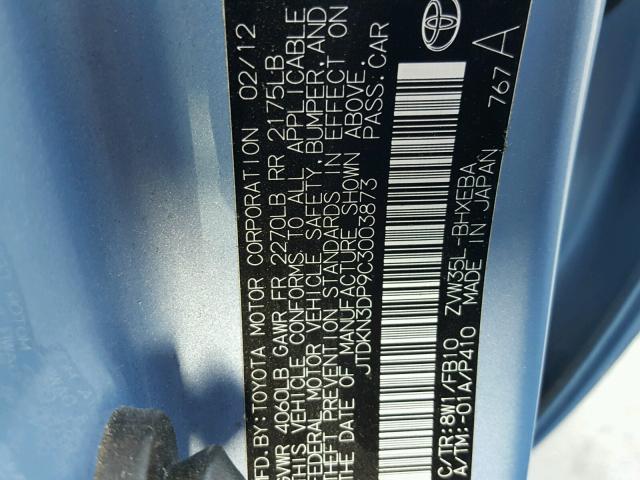 JTDKN3DP9C3003873 - 2012 TOYOTA PRIUS PLUG BLUE photo 10