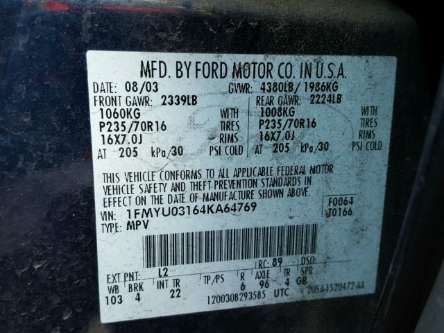 1FMYU03164KA64769 - 2004 FORD ESCAPE XLT BLUE photo 10