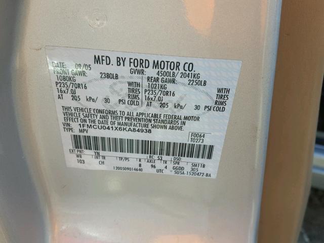 1FMCU041X6KA84938 - 2006 FORD ESCAPE LIM SILVER photo 10