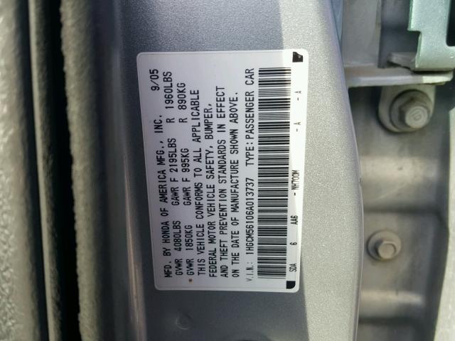 1HGCM56106A013737 - 2006 HONDA ACCORD VAL SILVER photo 10