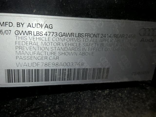 WAUDF78E98A003748 - 2008 AUDI A4 2.0T QU BLACK photo 10