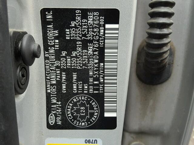 5XYKWDA76FG587608 - 2015 KIA SORENTO SX SILVER photo 10