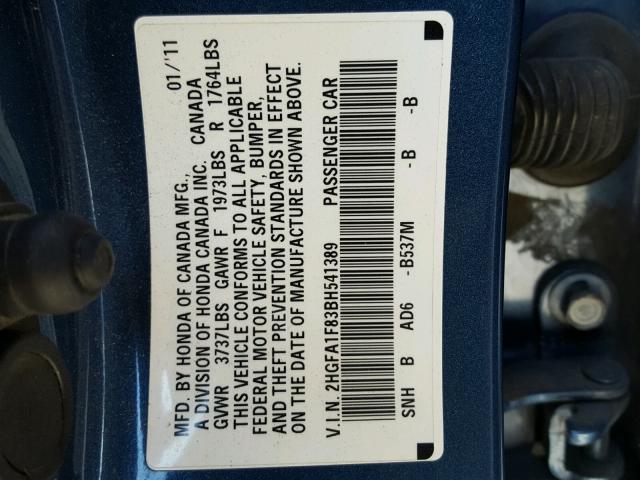 2HGFA1F83BH541389 - 2011 HONDA CIVIC EX Mavi foto 10