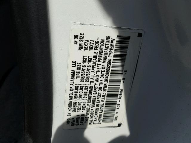 5FNRL38409B052394 - 2009 HONDA ODYSSEY EX WHITE photo 10