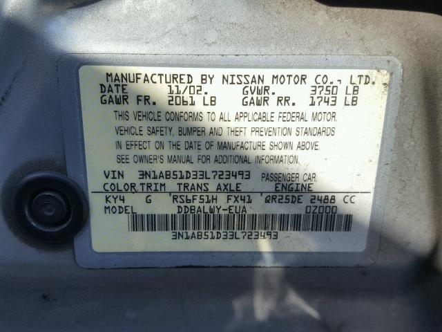 3N1AB51D33L723493 - 2003 NISSAN SENTRA SE- SILVER photo 10