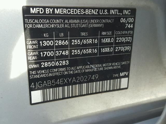 4JGAB54EXYA202749 - 2000 MERCEDES-BENZ ML 320 SILVER photo 10