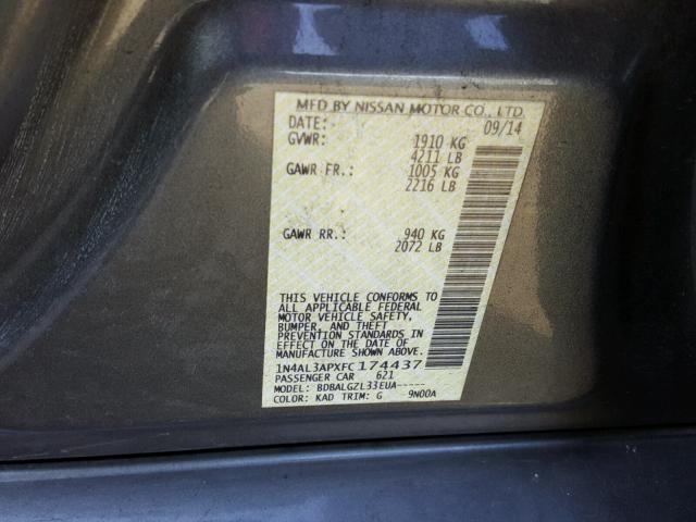 1N4AL3APXFC174437 - 2015 NISSAN ALTIMA 2.5 GRAY photo 10