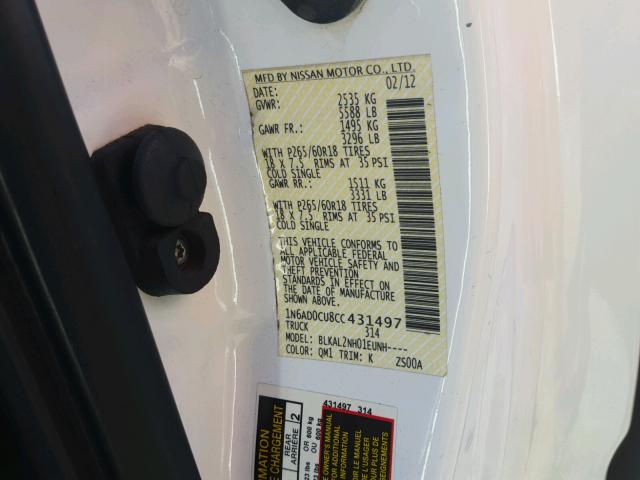 1N6AD0CU8CC431497 - 2012 NISSAN FRONTIER S WHITE photo 10