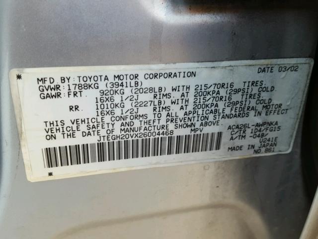 JTEGH20VX26004468 - 2002 TOYOTA RAV4 SILVER photo 10