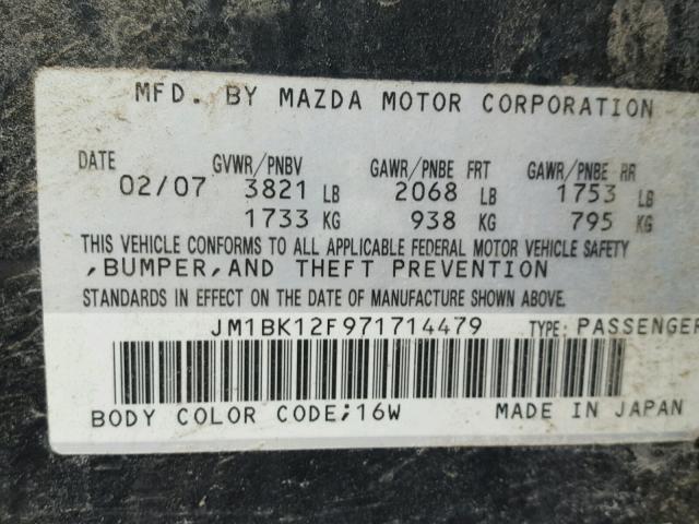 JM1BK12F971714479 - 2007 MAZDA 3 I BLACK photo 10