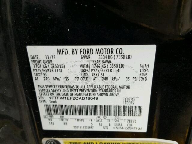 1FTFW1EF2CKD16049 - 2012 FORD F150 SUPER BLACK photo 10